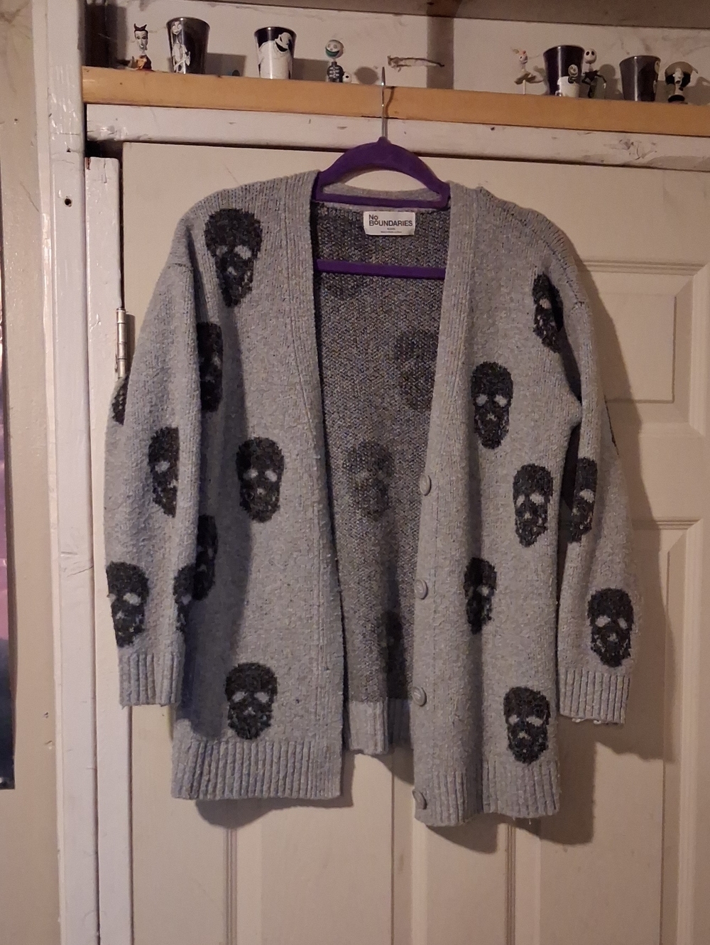 No Boundaries Gray Cardigan Sweater with Black Skull Pattern